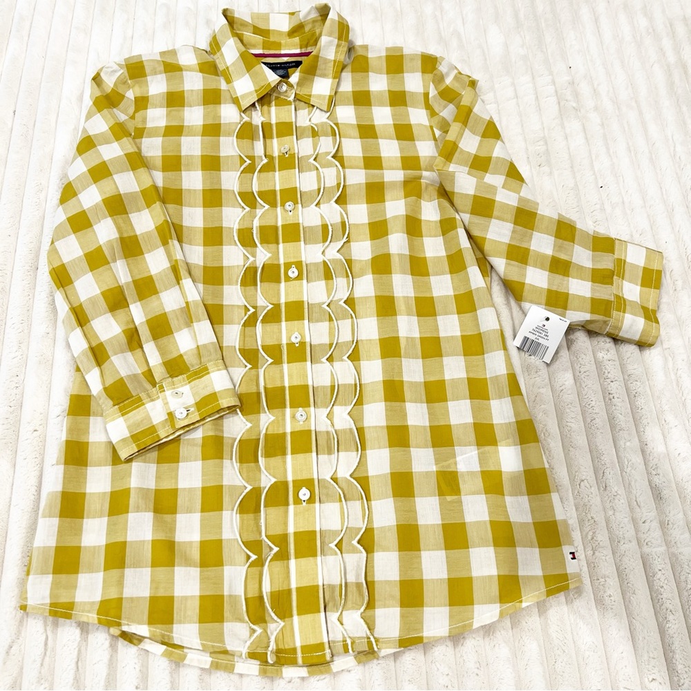 NWT Tommy Hilfiger Amber Green Y2K Embroidered Ruffle Button Down Blouse Petite